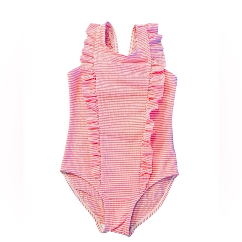 Lizens Girls Pink Ruffled One Piece Swimsuit with Stripes Size 6-7